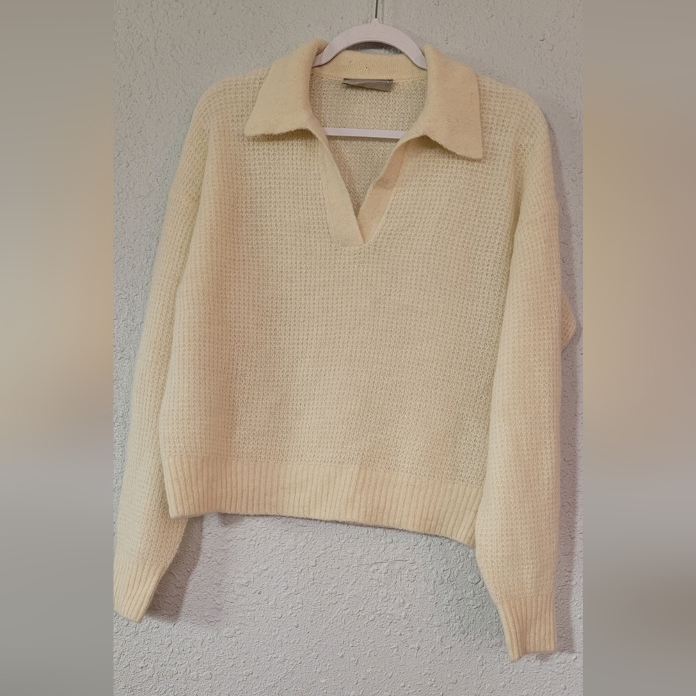 EVERLANE Ivory Alpaca Wool Waffle Stitch Polo Sweater Lightweight Breathable